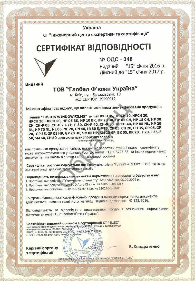 Сертифікат на тонувальні автомобільні плівки з коефіцієнтами світлопропускання